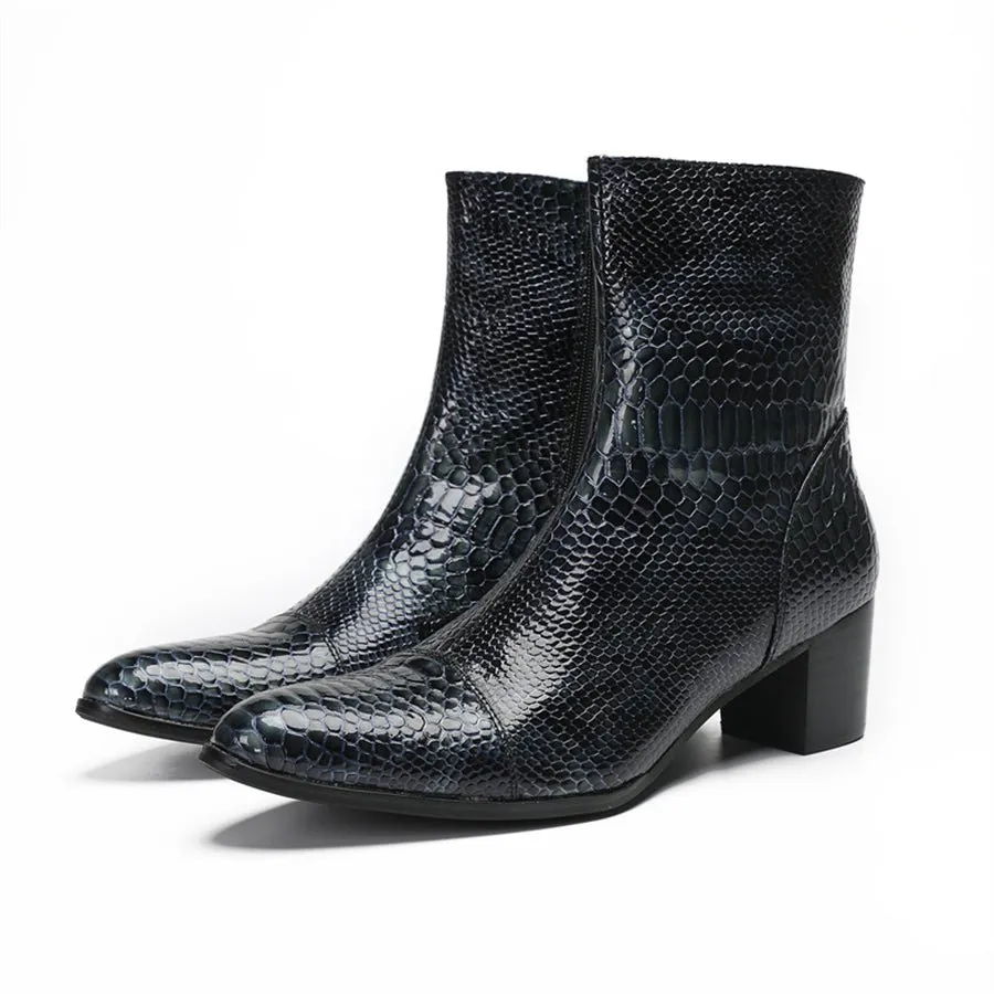 Glossy Serpent Pointed Captoe Elevator Ankle Boots