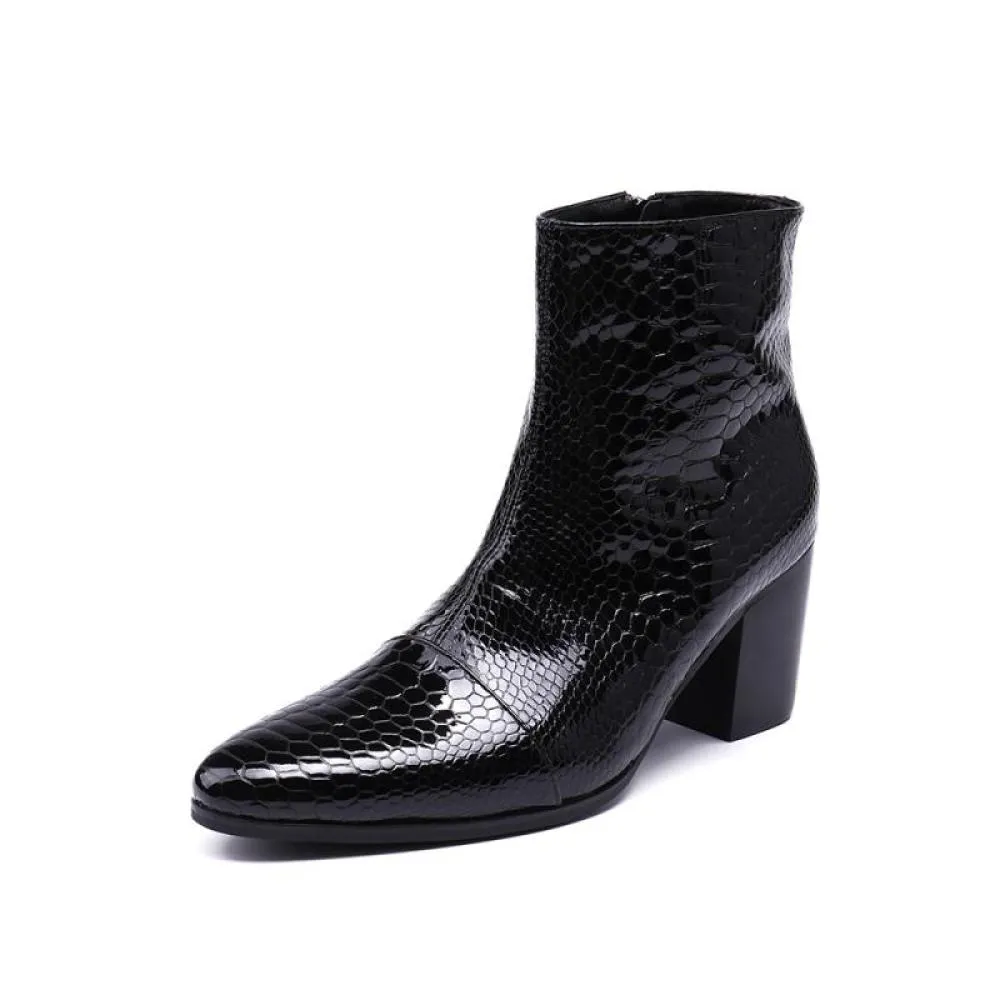 Glossy Serpent Pointed Captoe Elevator Ankle Boots