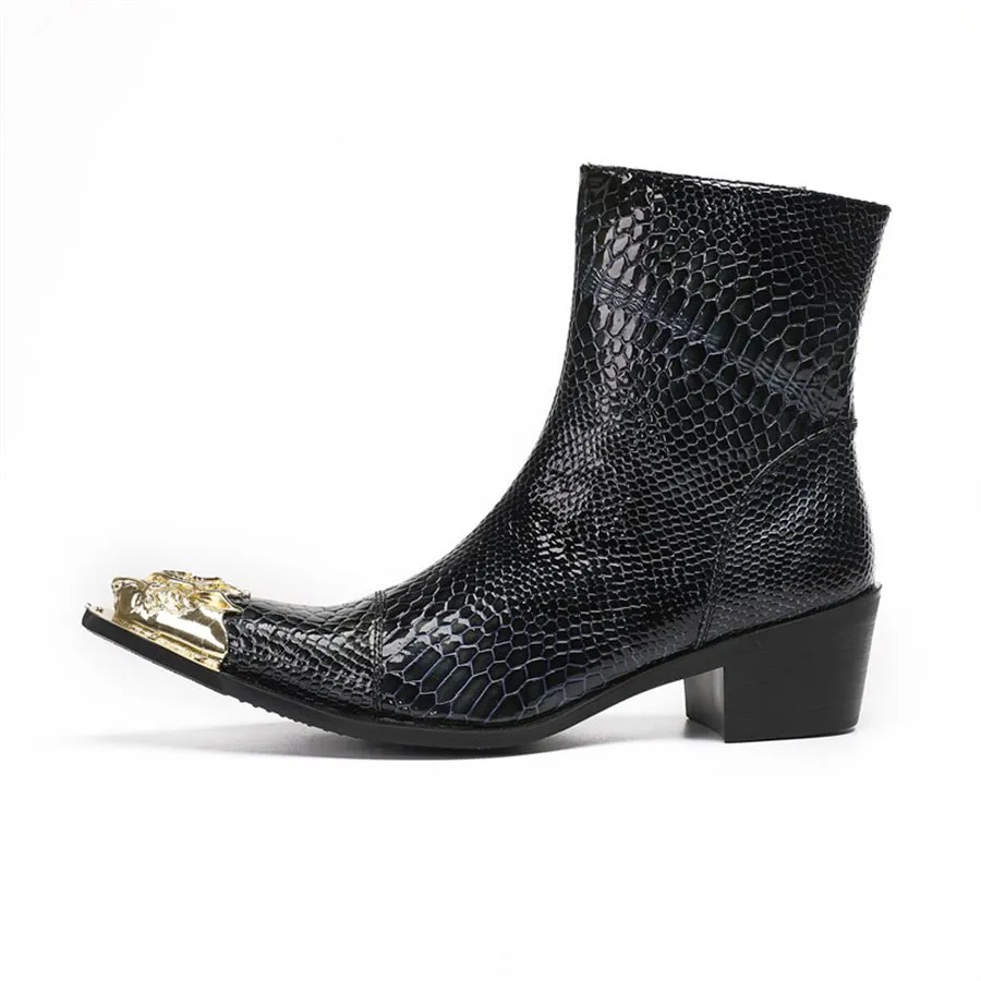 Glossy Serpent Pointed Captoe Elevator Ankle Boots