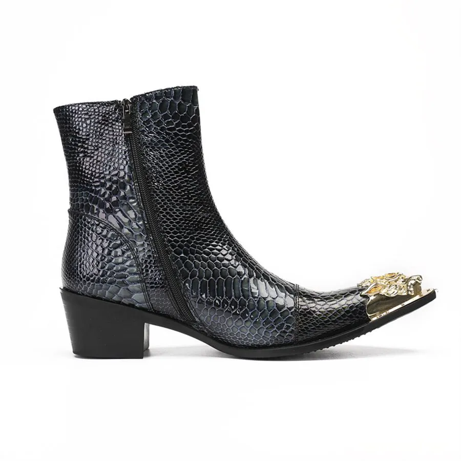 Glossy Serpent Pointed Captoe Elevator Ankle Boots