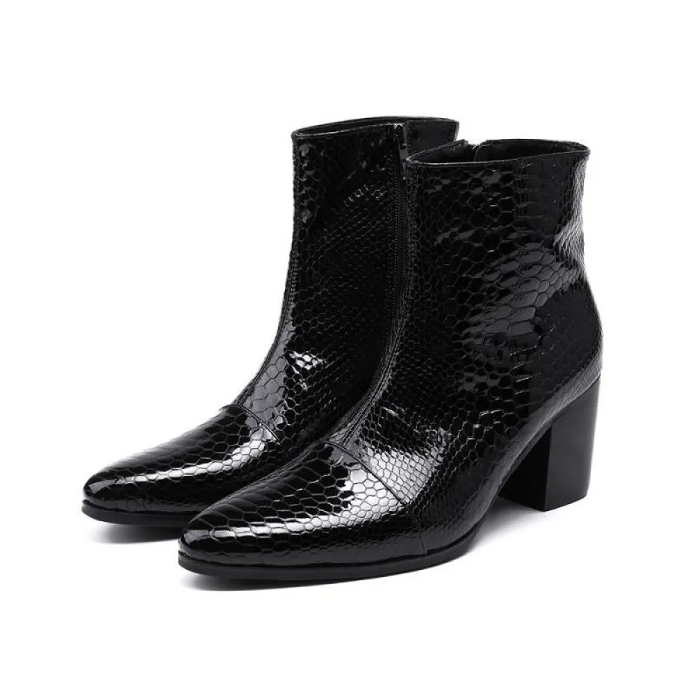 Glossy Serpent Pointed Captoe Elevator Ankle Boots