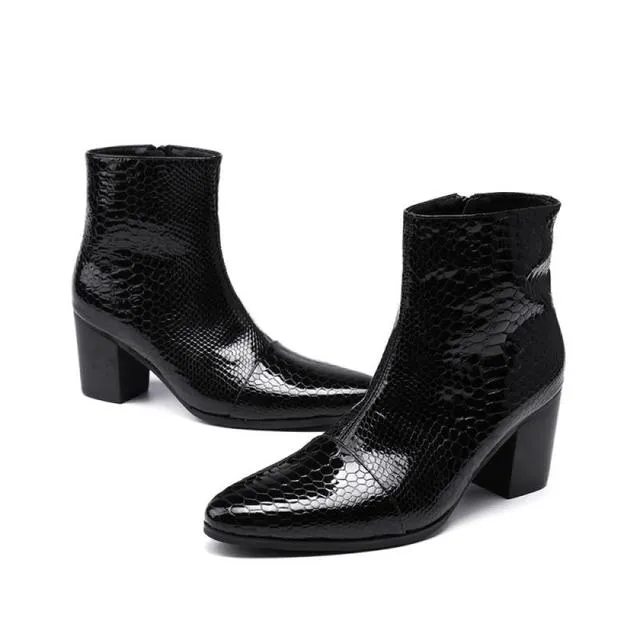 Glossy Serpent Pointed Captoe Elevator Ankle Boots