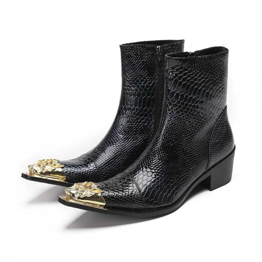 Glossy Serpent Pointed Captoe Elevator Ankle Boots