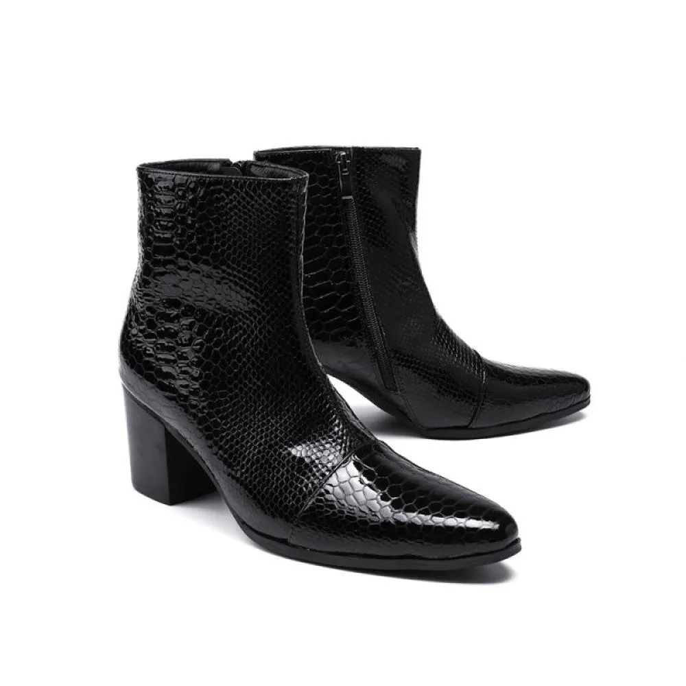 Glossy Serpent Pointed Captoe Elevator Ankle Boots