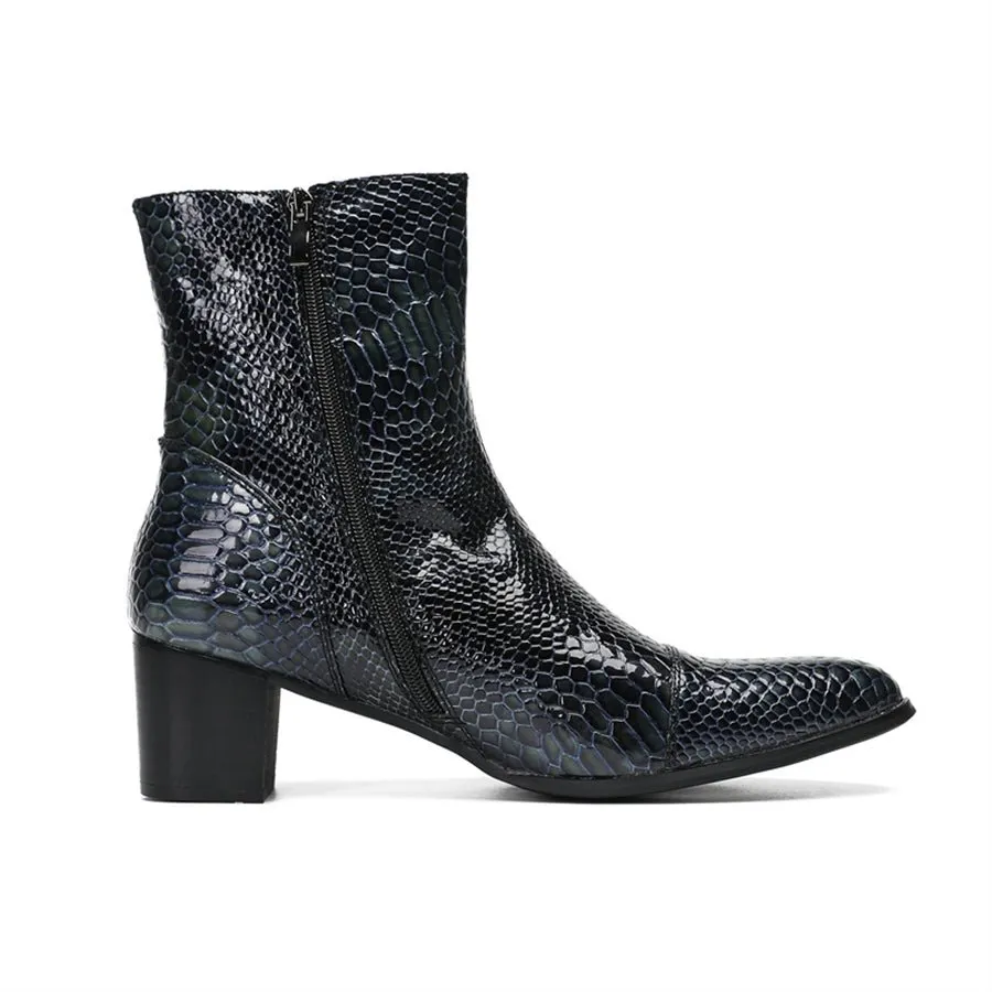 Glossy Serpent Pointed Captoe Elevator Ankle Boots