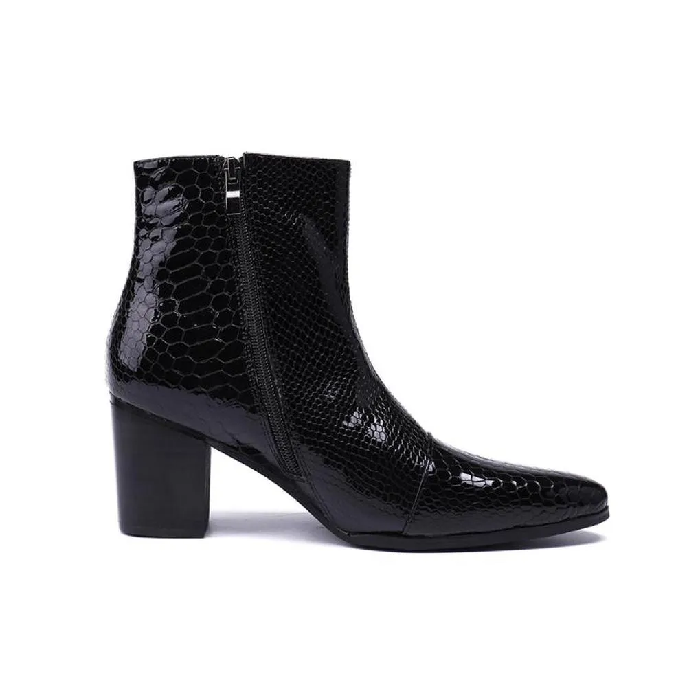 Glossy Serpent Pointed Captoe Elevator Ankle Boots