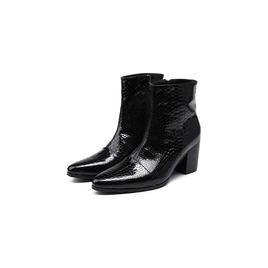 Glossy Serpent Pointed Captoe Elevator Ankle Boots