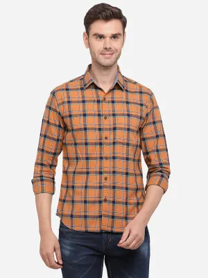 Goldenrod Orange Checked Slim Fit Casual Shirt | Greenfibre