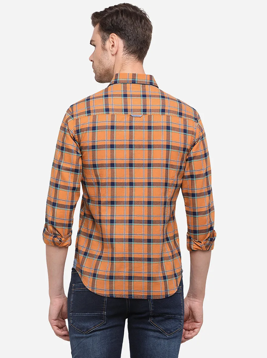 Goldenrod Orange Checked Slim Fit Casual Shirt | Greenfibre