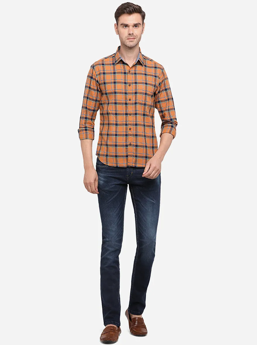 Goldenrod Orange Checked Slim Fit Casual Shirt | Greenfibre