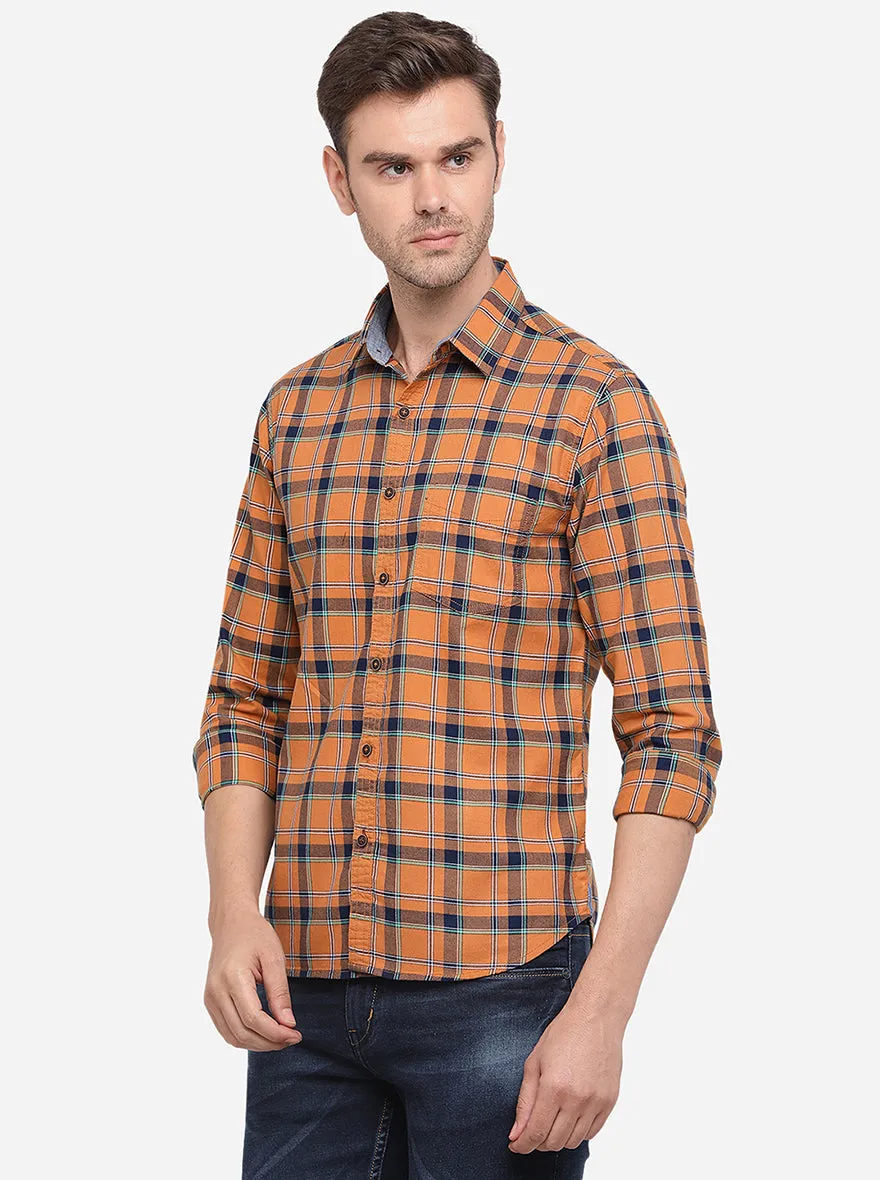 Goldenrod Orange Checked Slim Fit Casual Shirt | Greenfibre