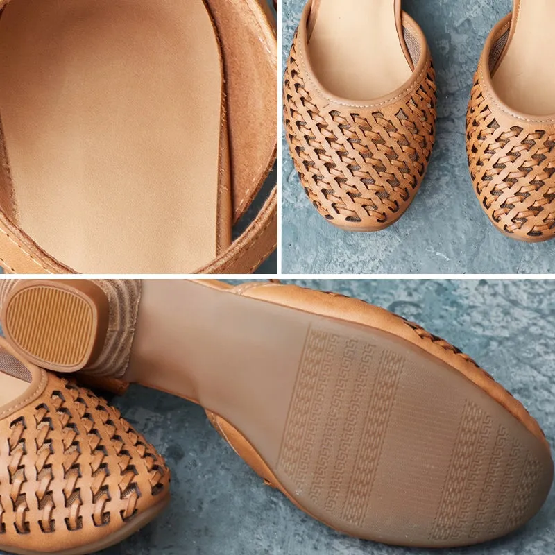 Handmade Flat Sandals Women Genuine Leather Woven Ankle Strap Ladies Summer Shoes