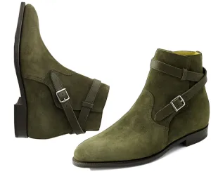 Handmade Olive Green Suede Jodhpurs Boots For Men's