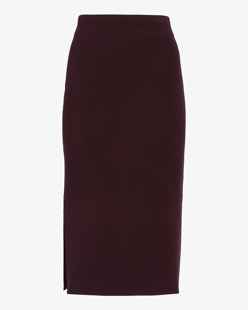 High Waisted Side Slit Midi Sweater Skirt in Dark Purple