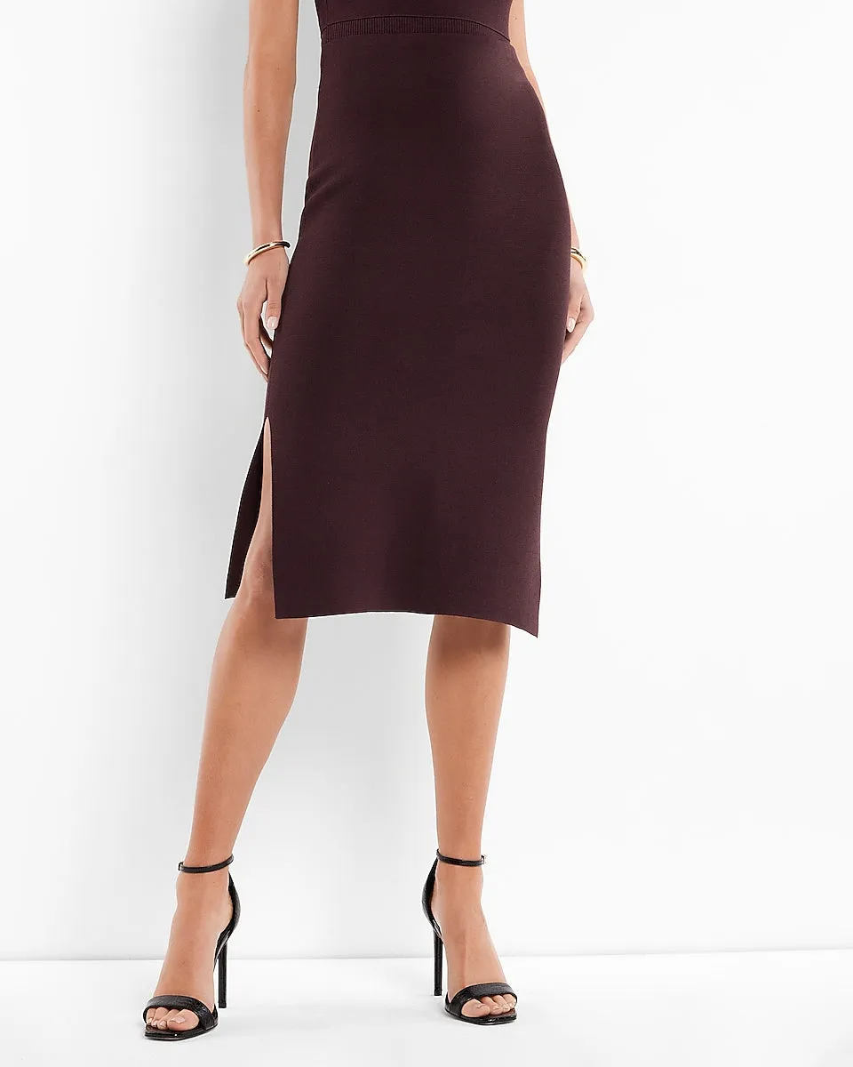 High Waisted Side Slit Midi Sweater Skirt in Dark Purple