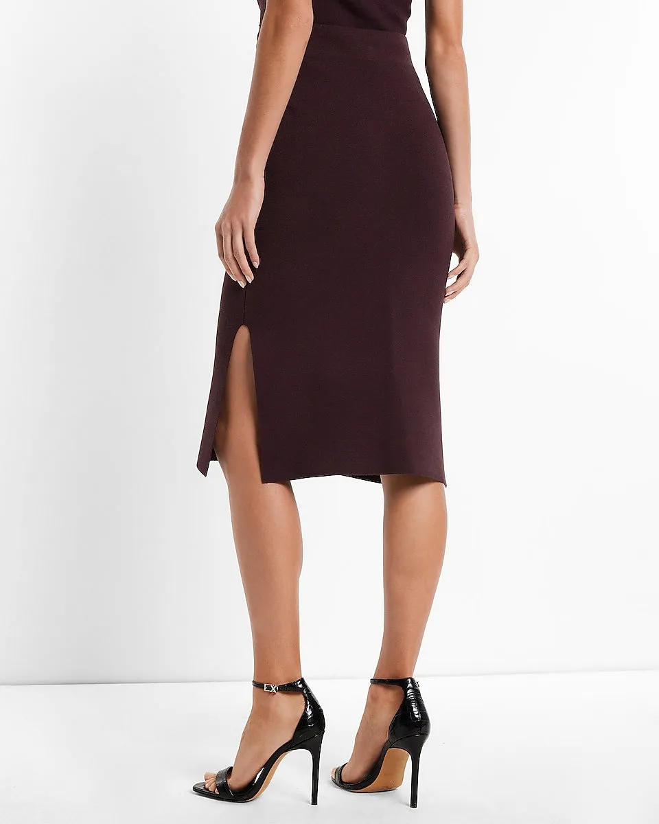 High Waisted Side Slit Midi Sweater Skirt in Dark Purple