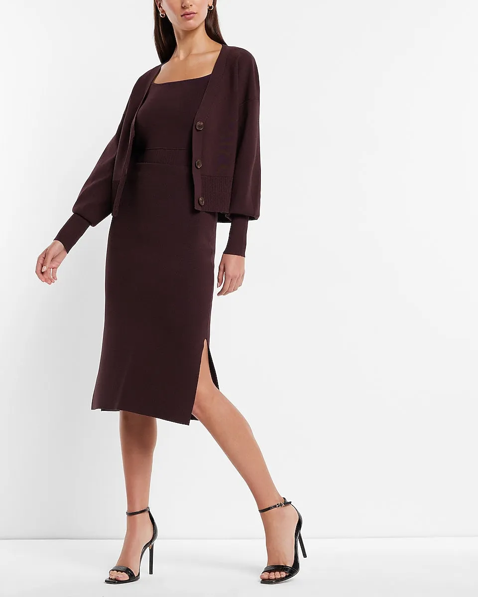 High Waisted Side Slit Midi Sweater Skirt in Dark Purple