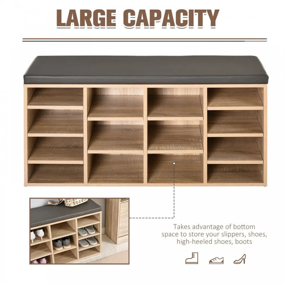 HOMCOM 14-Shelf Shoe Storage Unit, with Cushion Top - Wood-Effect