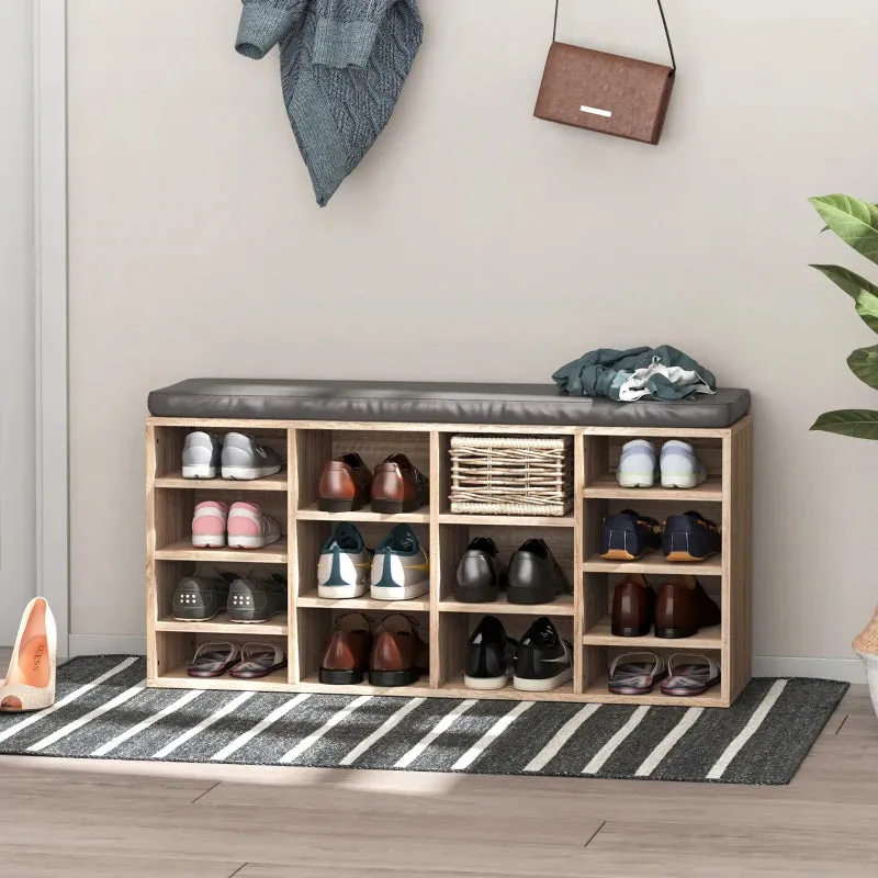 HOMCOM 14-Shelf Shoe Storage Unit, with Cushion Top - Wood-Effect