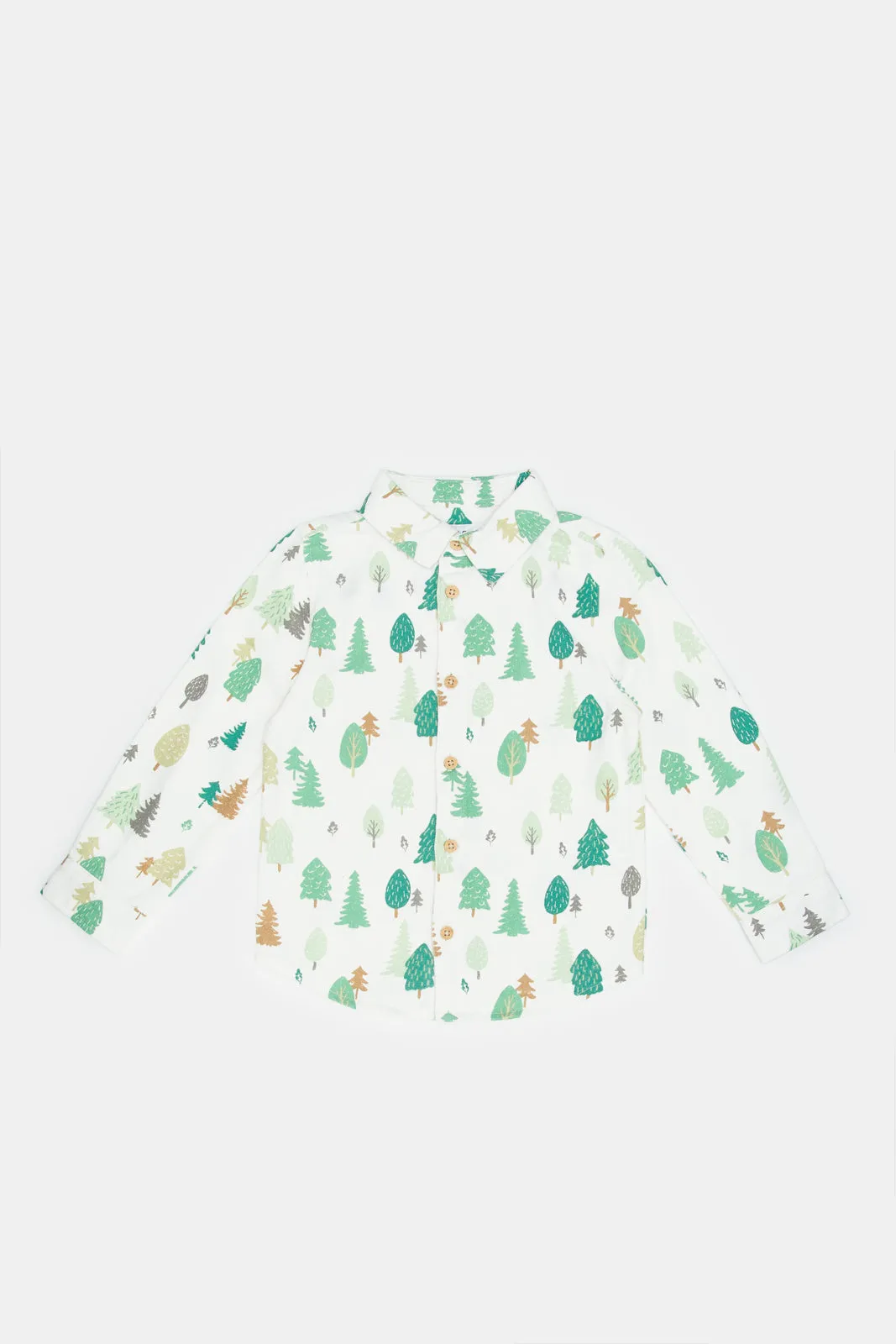 Infant Boys White Printed Leaves Flannel Shirt