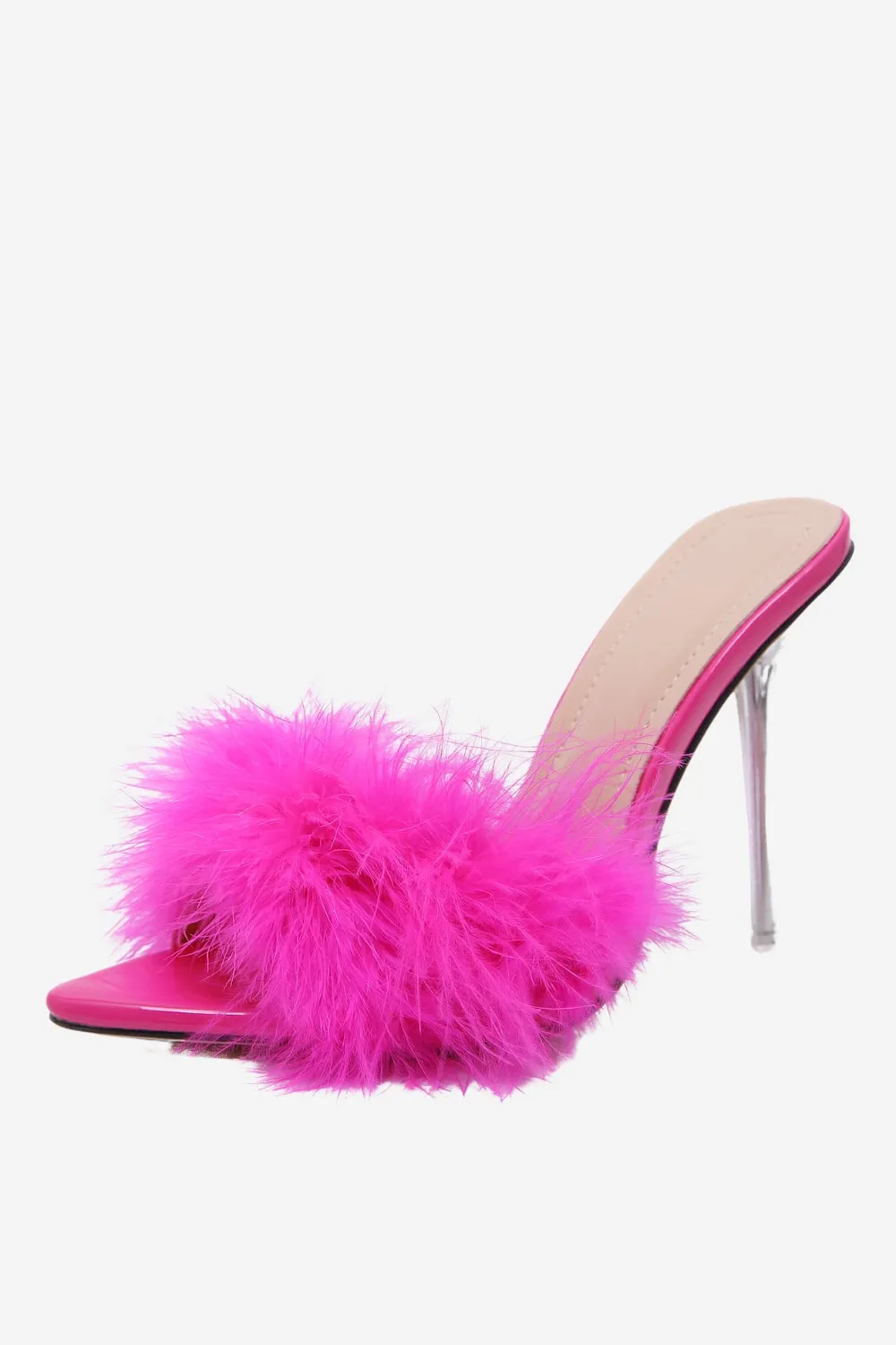 JOSKAA Woman Elegant high heel Hot Pink Feathers Pointed Toe Stiletto Sandals