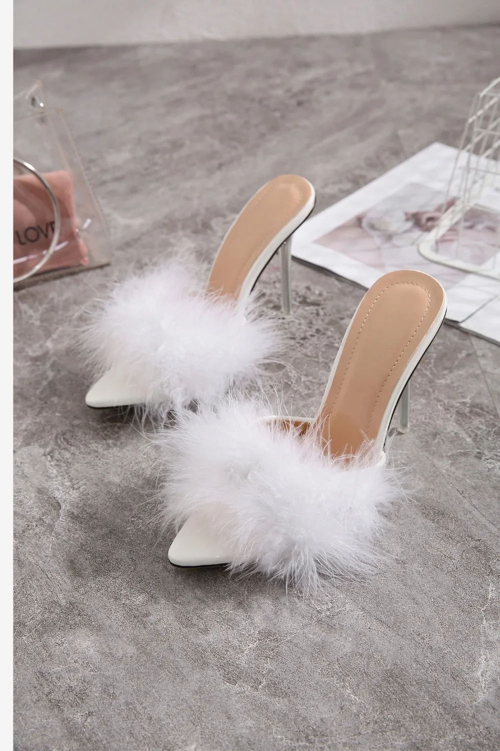 JOSKAA Woman Elegant high heel Hot Pink Feathers Pointed Toe Stiletto Sandals