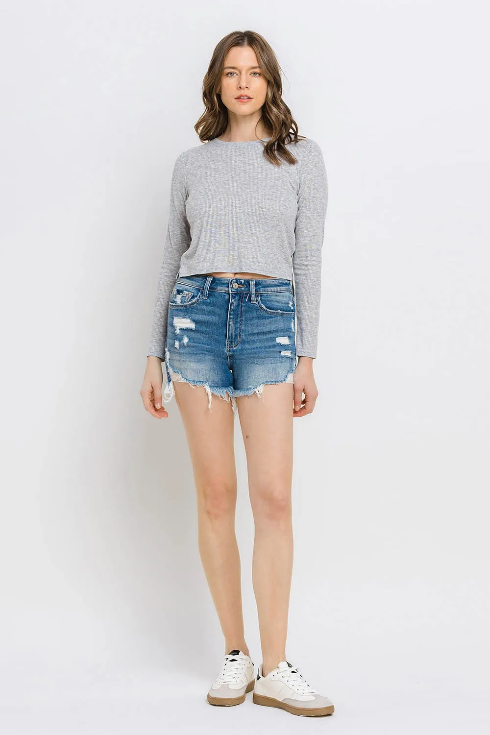 KESLEY Distressed Raw Hem Denim Shorts