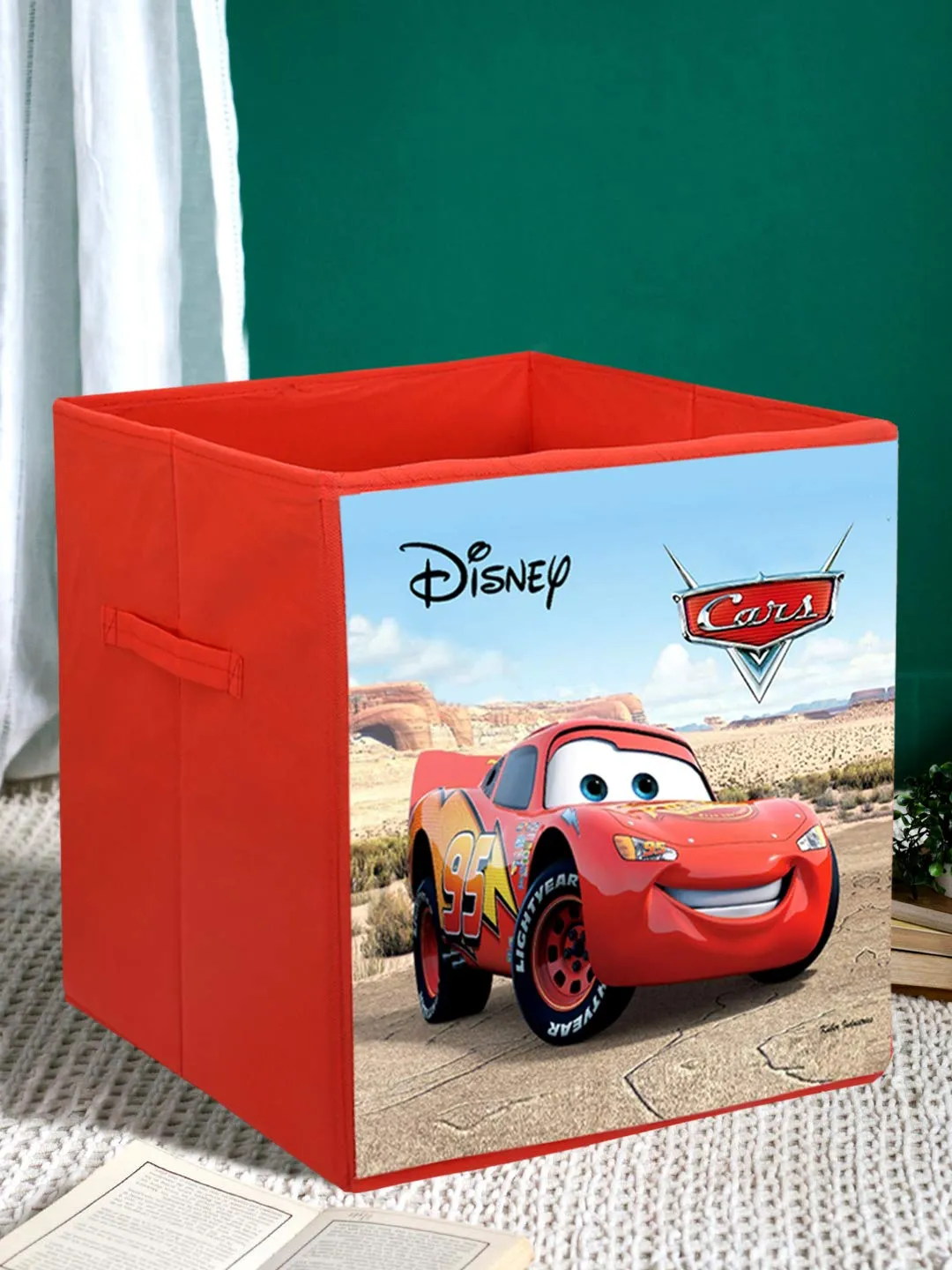 Kuber Industries Disney Cars Print Non Woven Fabric Foldable Cube Toy, Books, Cloth Storage Box Wardrobe Organiser with Handle (Brown, Large, 2 Pieces KUBMART02326)