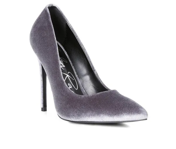 Lilith Velvet Stiletto High Heel Pumps in Grey, Black, or Burgundy | Rag & Company