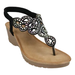 Madelyn Black Embellished Laser Cut Slingback Wedge Sandals