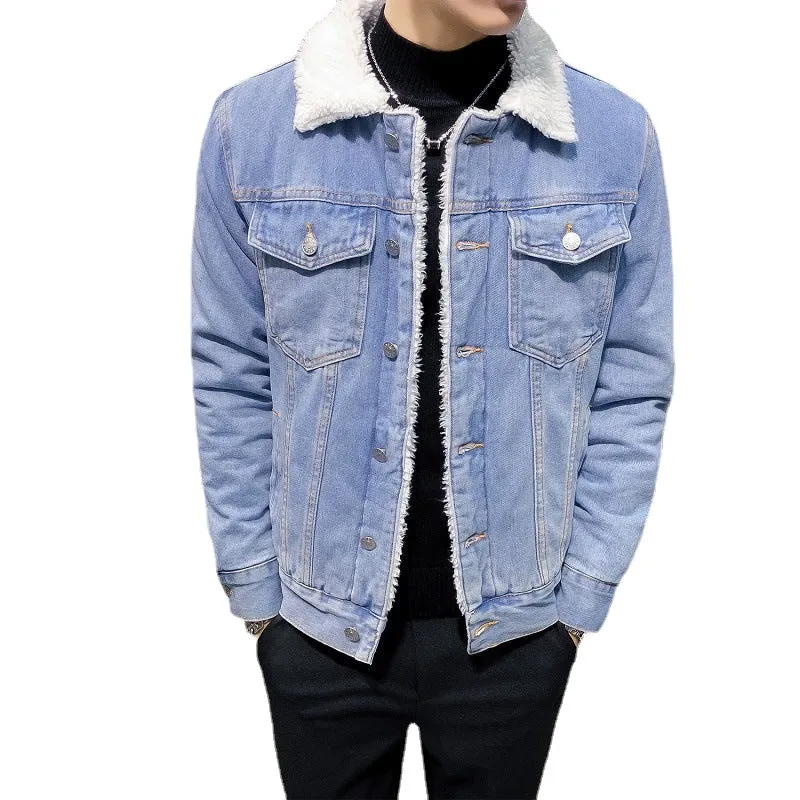 Men's jacket 2022 winter new fleece thickened denim jacket men's lamb wool denim cotton jacket