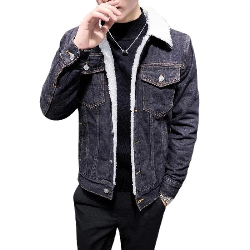 Men's jacket 2022 winter new fleece thickened denim jacket men's lamb wool denim cotton jacket