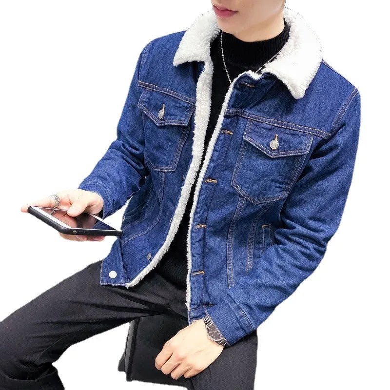 Men's jacket 2022 winter new fleece thickened denim jacket men's lamb wool denim cotton jacket