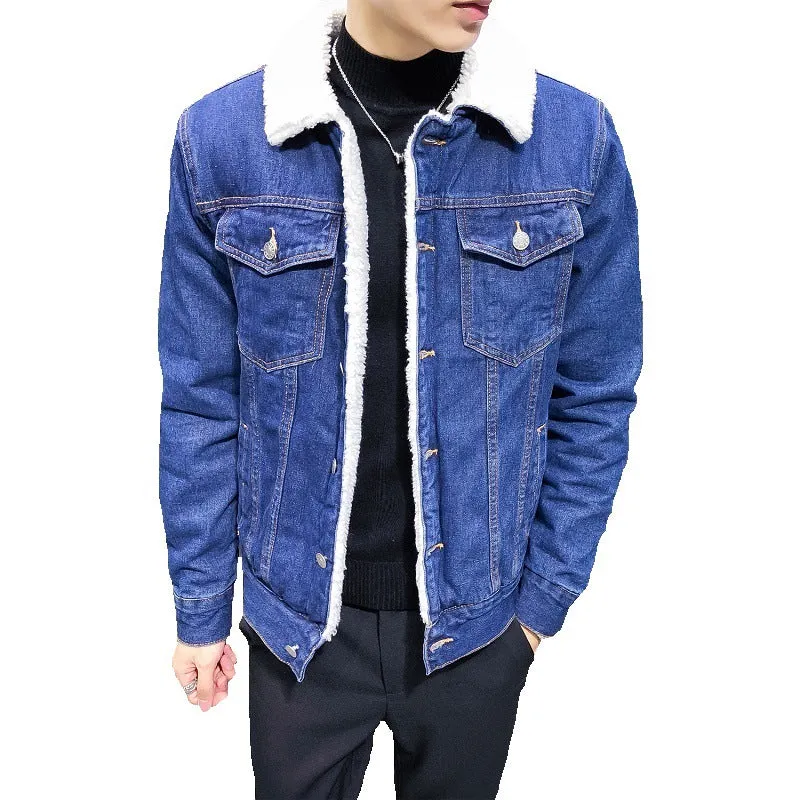 Men's jacket 2022 winter new fleece thickened denim jacket men's lamb wool denim cotton jacket