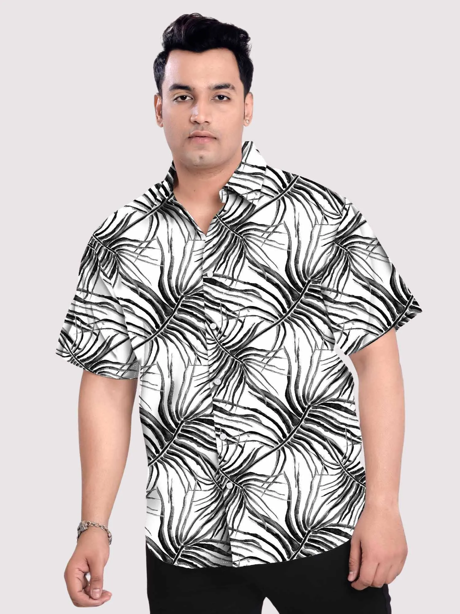 Midnight Leaves Linen Printed Shirt Men's Plus Size