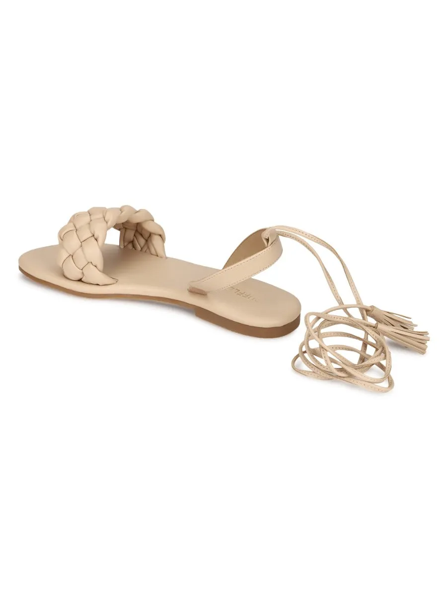 Nude PU Lace up Flat Sandals