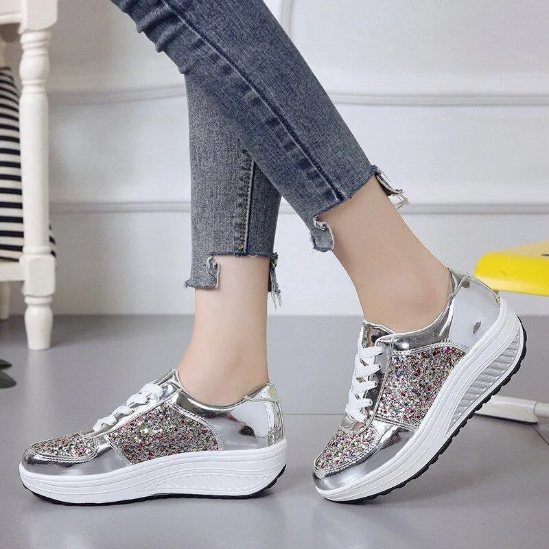 OCW Rhinestone Sequins Glitter Shiny Bling Crystal Platform Slip On Lace Up Ultra Soft Shoes For Women