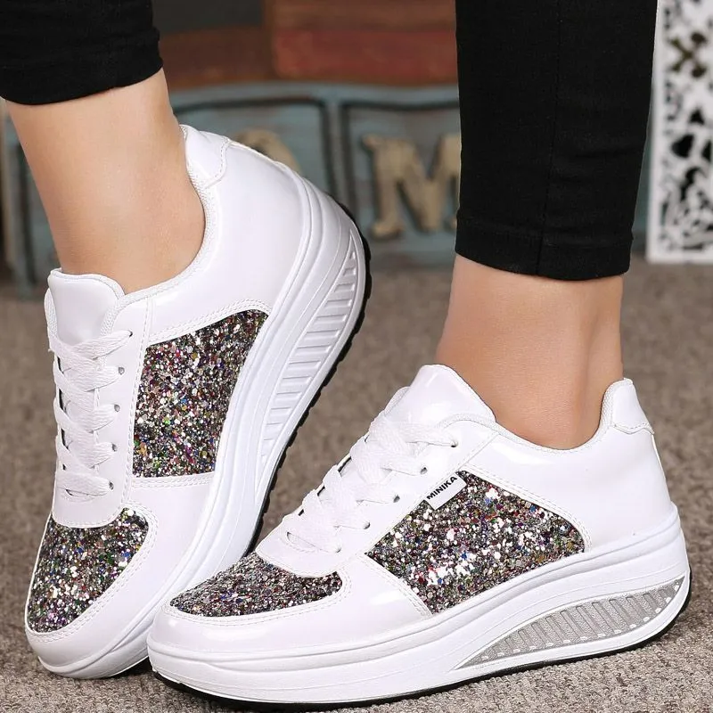 OCW Rhinestone Sequins Glitter Shiny Bling Crystal Platform Slip On Lace Up Ultra Soft Shoes For Women