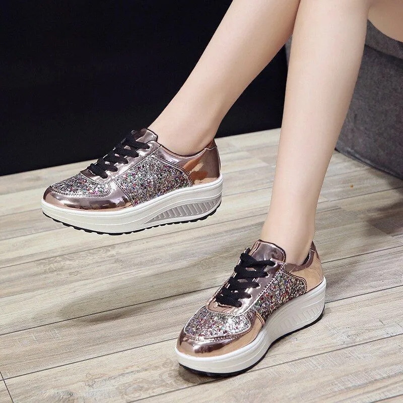 OCW Rhinestone Sequins Glitter Shiny Bling Crystal Platform Slip On Lace Up Ultra Soft Shoes For Women