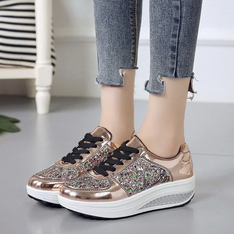 OCW Rhinestone Sequins Glitter Shiny Bling Crystal Platform Slip On Lace Up Ultra Soft Shoes For Women