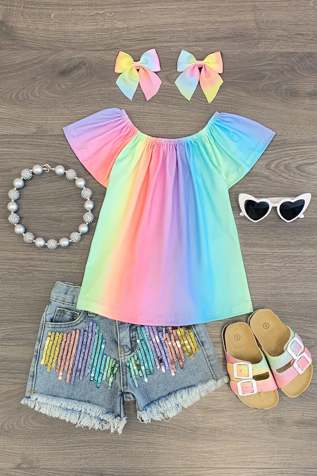 Pastel Rainbow Sequin Denim Short Set