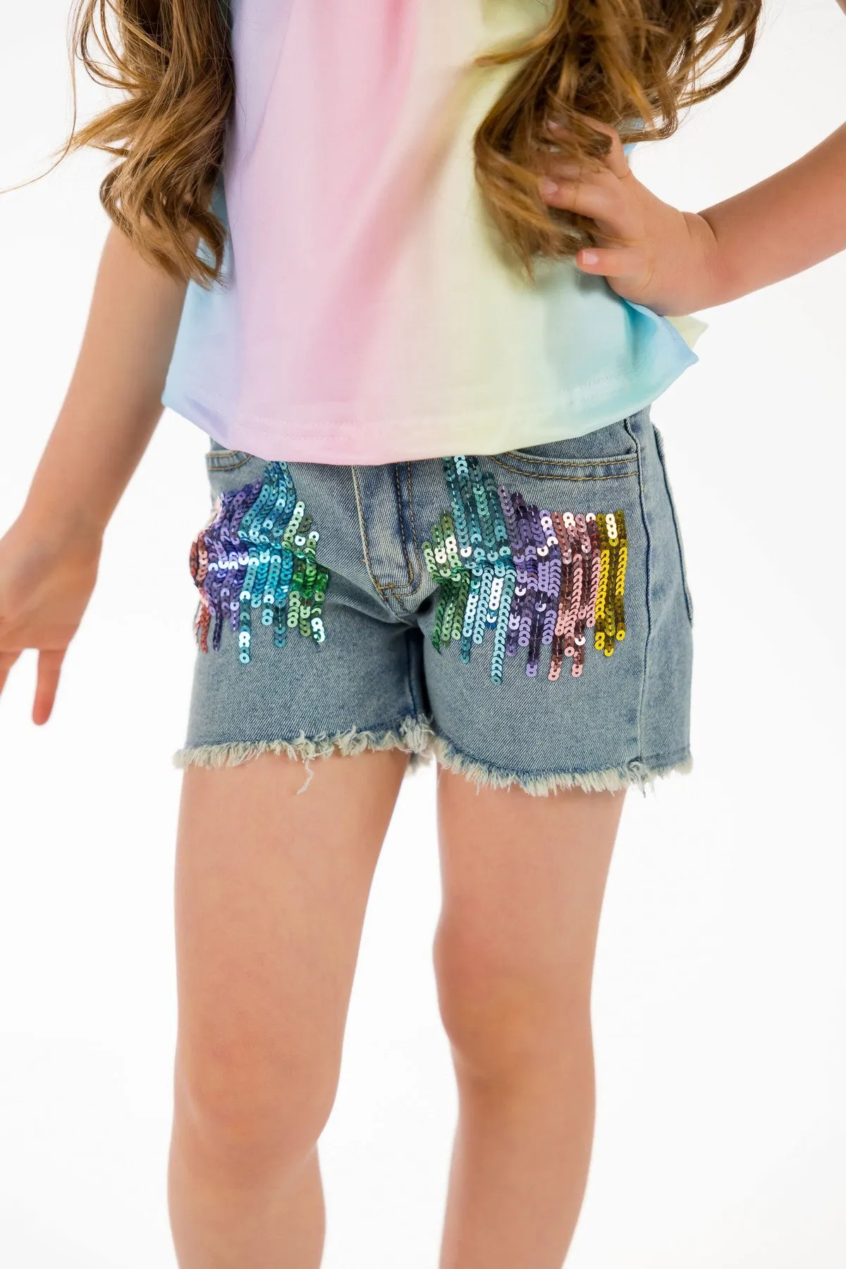 Pastel Rainbow Sequin Denim Short Set