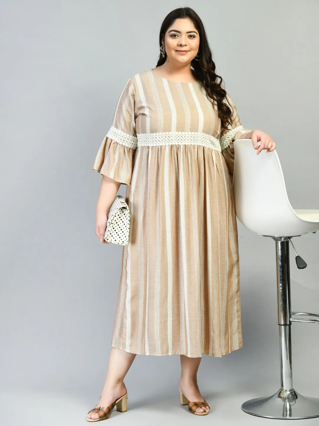 Plus Size Plus Size Beige Striped Lace Dress