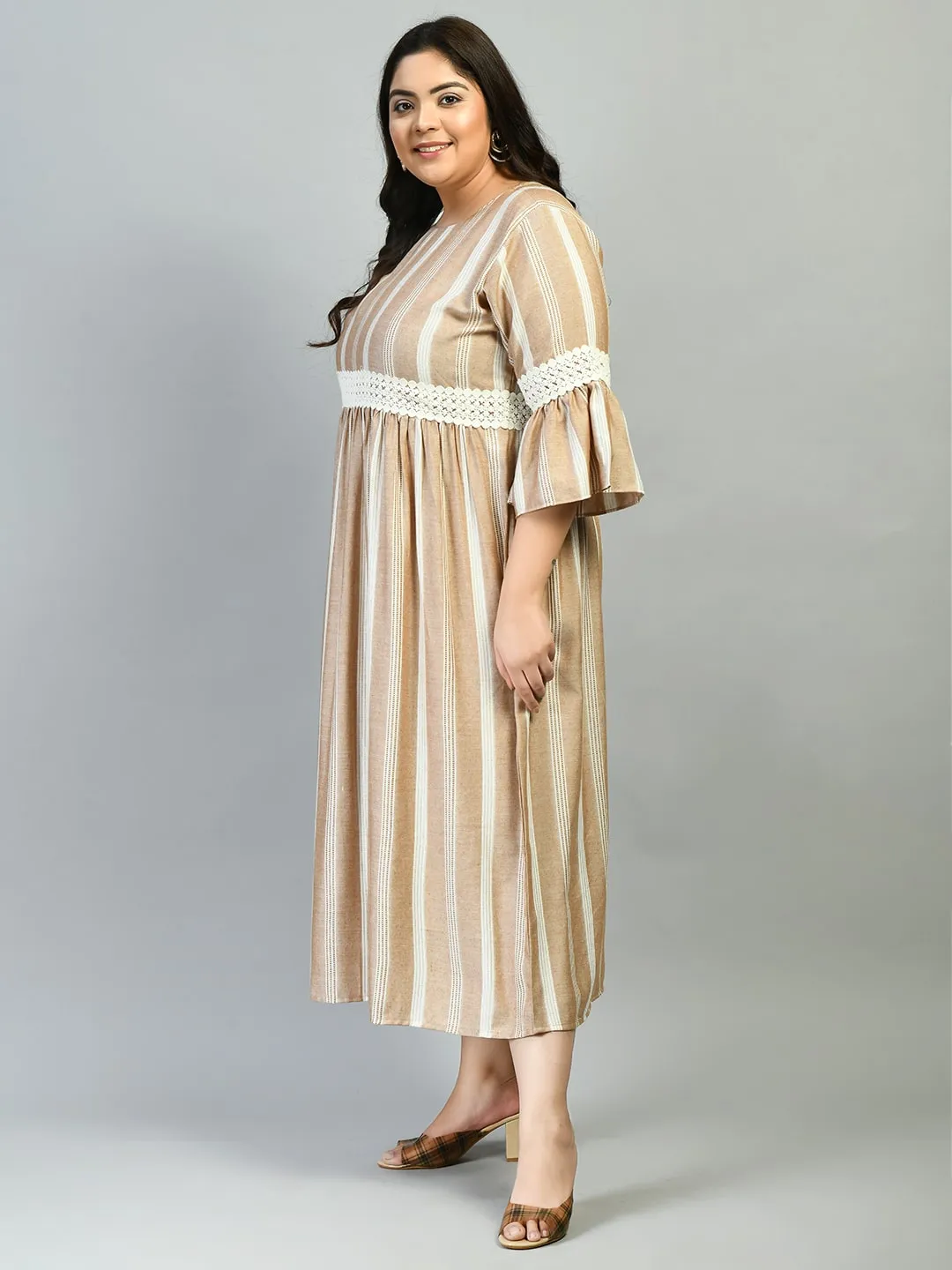 Plus Size Plus Size Beige Striped Lace Dress