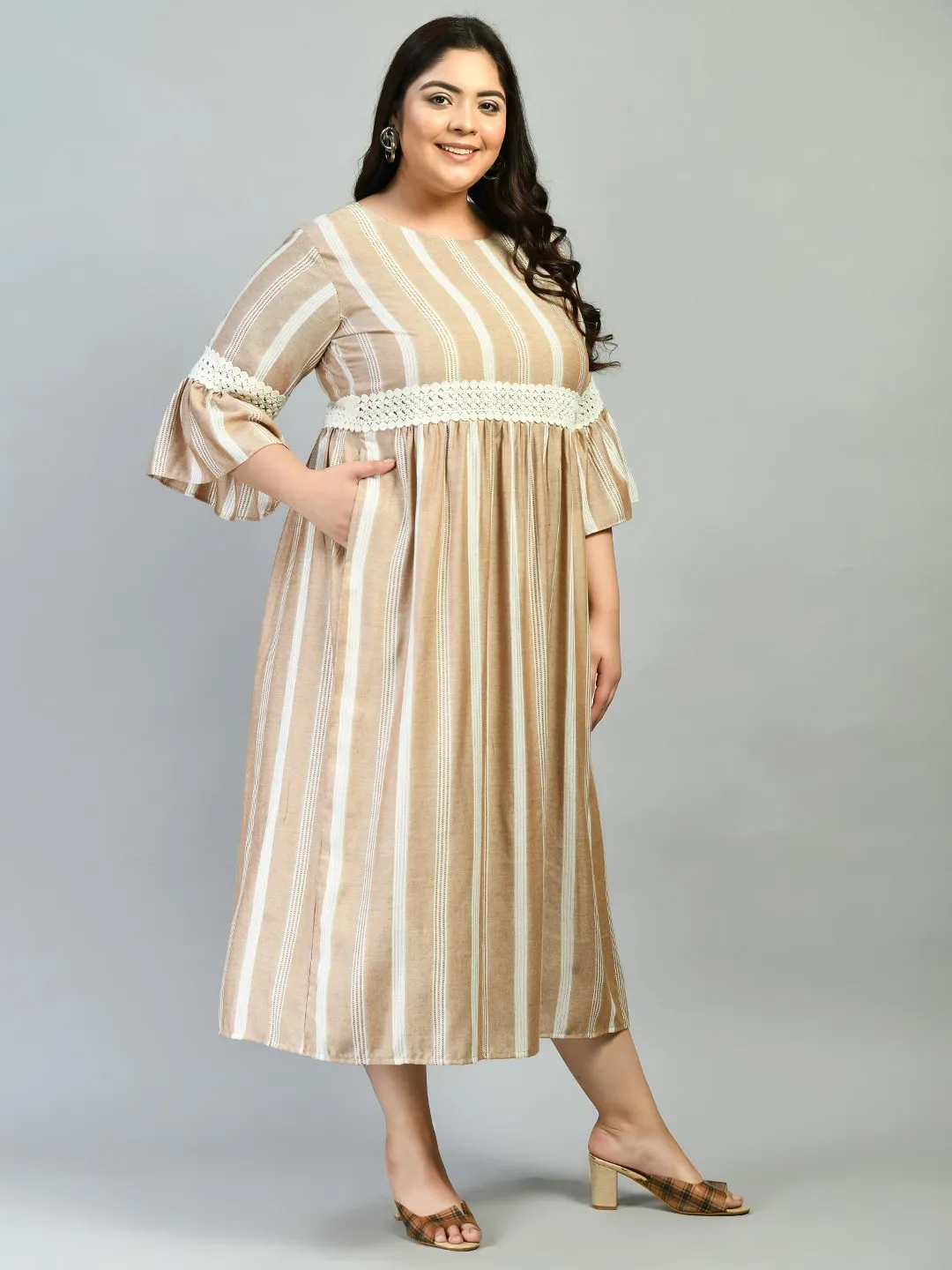 Plus Size Plus Size Beige Striped Lace Dress