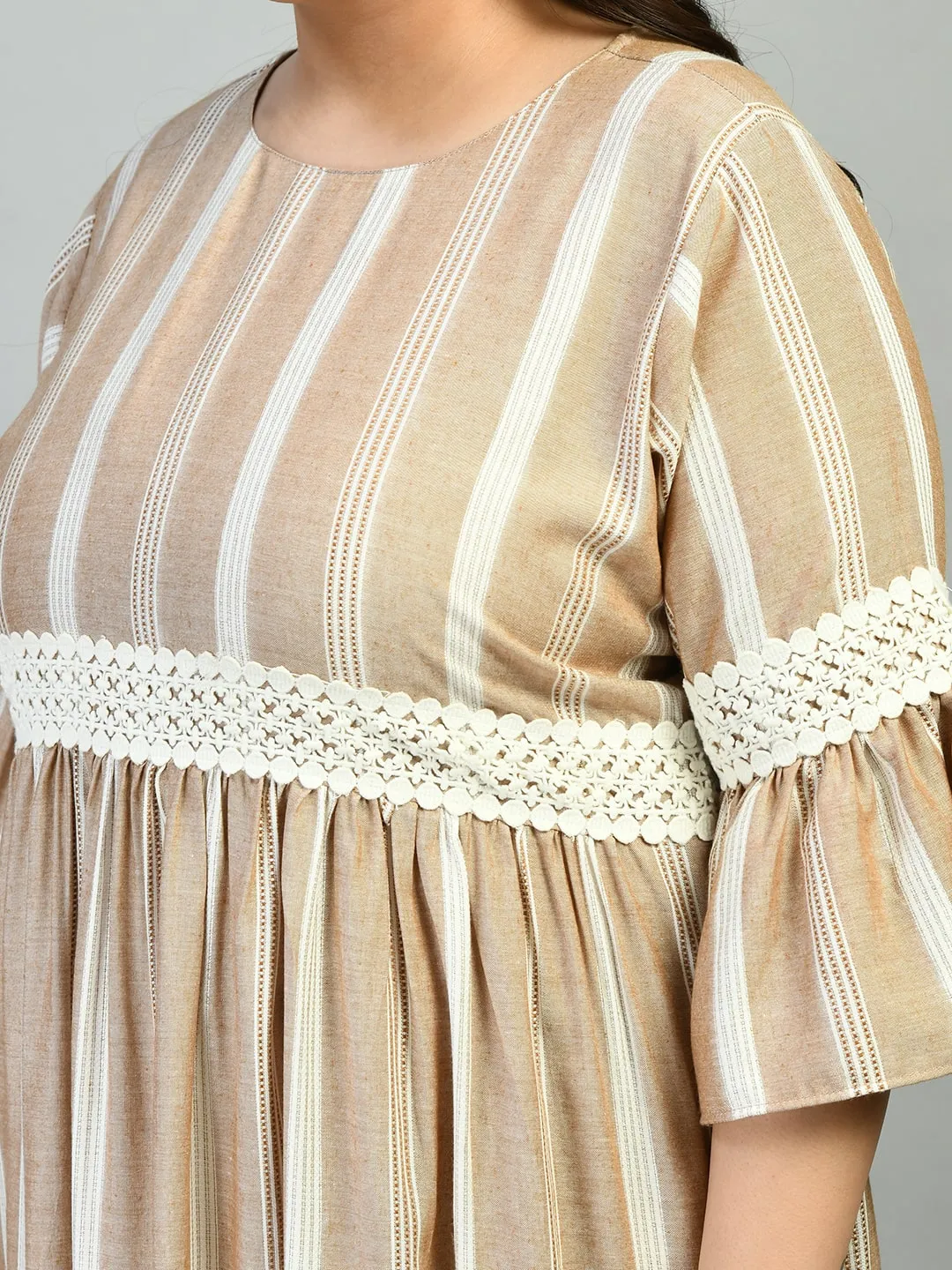 Plus Size Plus Size Beige Striped Lace Dress