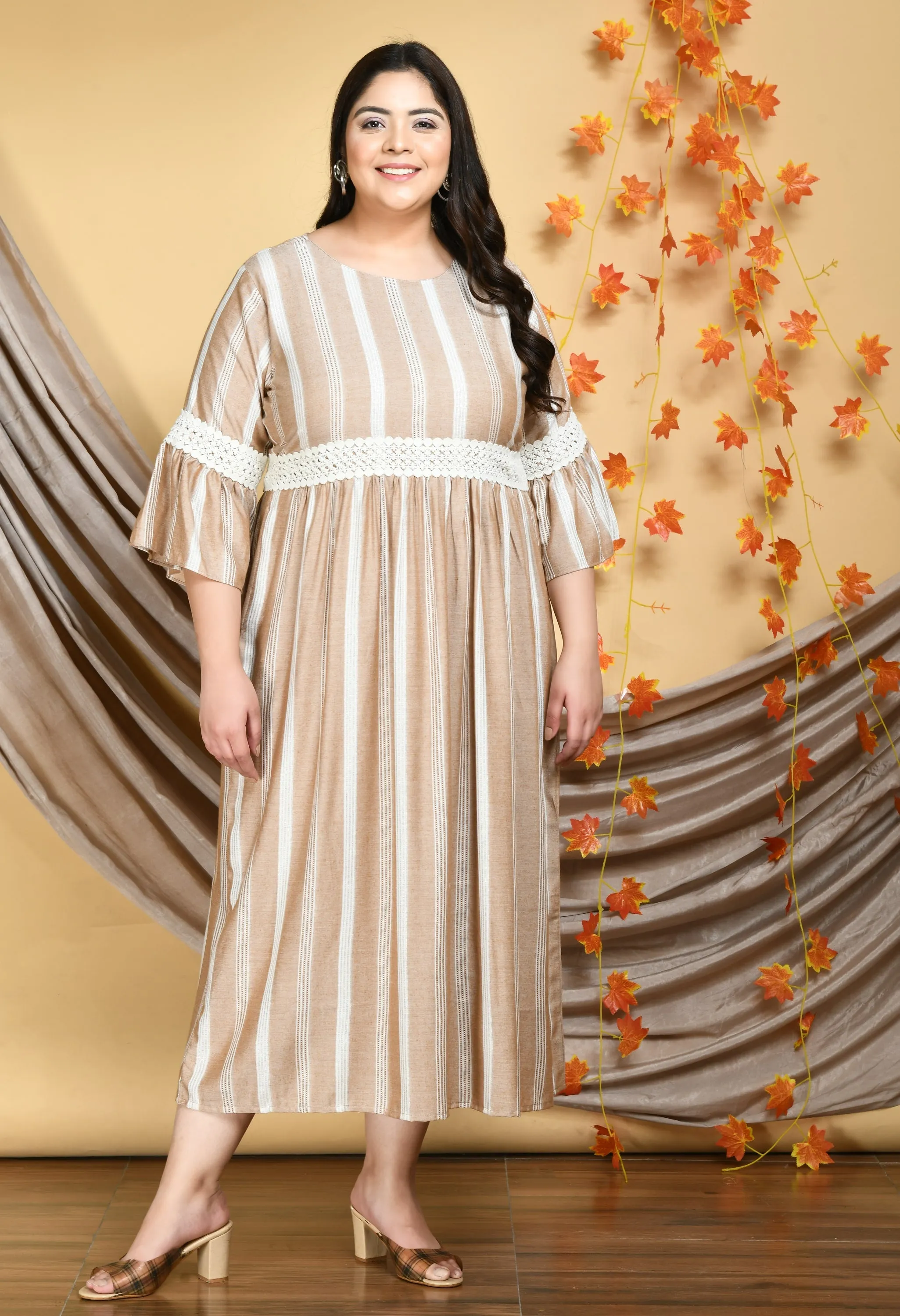 Plus Size Plus Size Beige Striped Lace Dress