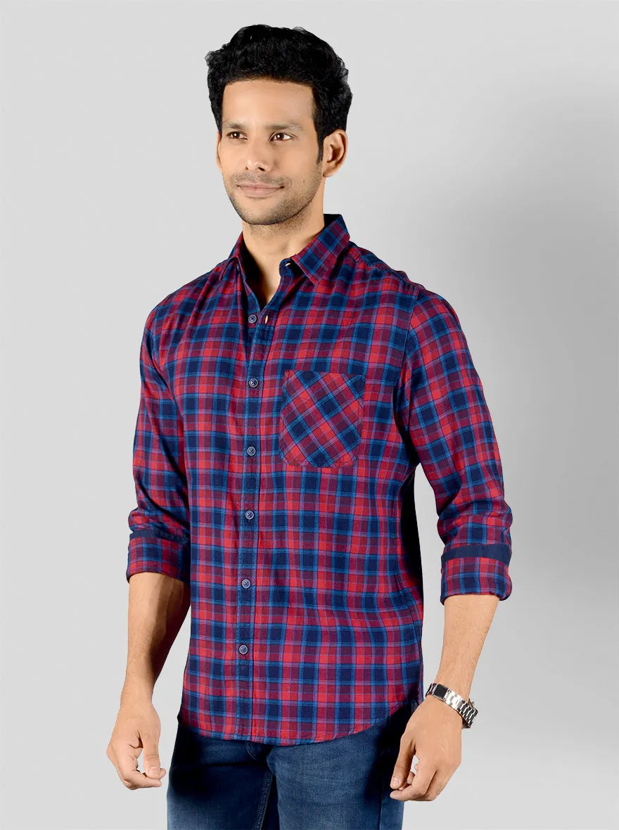 Red & Blue Checked Slim Fit Casual Shirt | Greenfibre