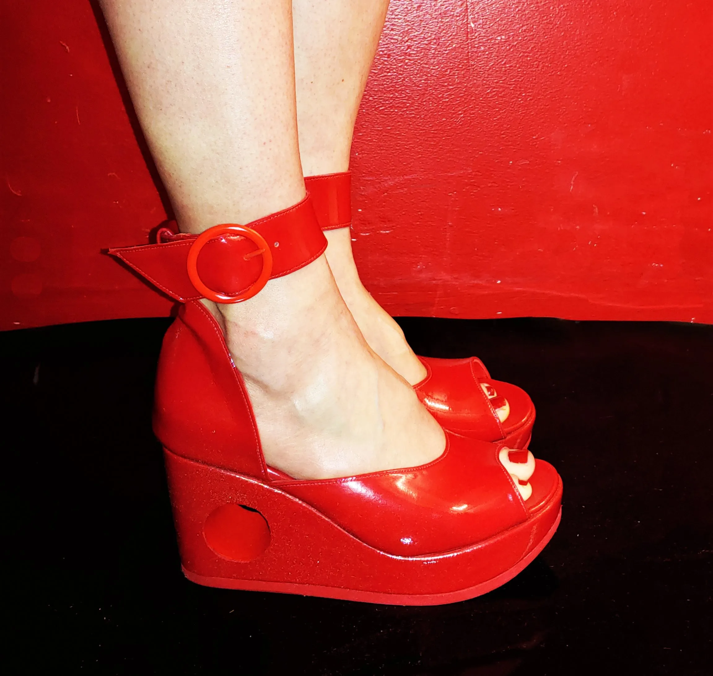 Red PEEPHOLE Platform Sandals