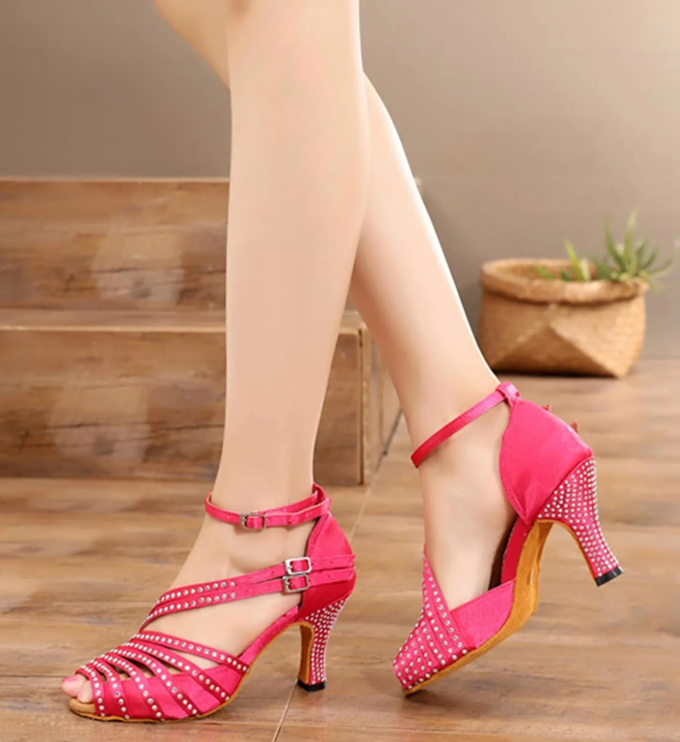 Rhinestone Dance Shoes Salsa Dancing Shoes Pink Color